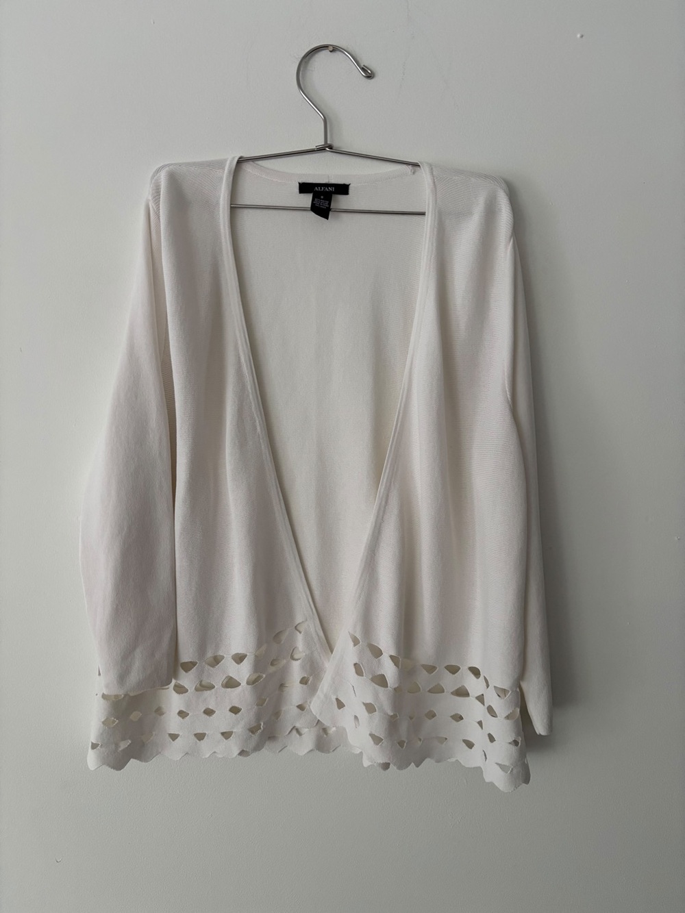 Alfani Womens Open Front Knit Cardigan Ivory White Cutout Scalloped Hem Size S